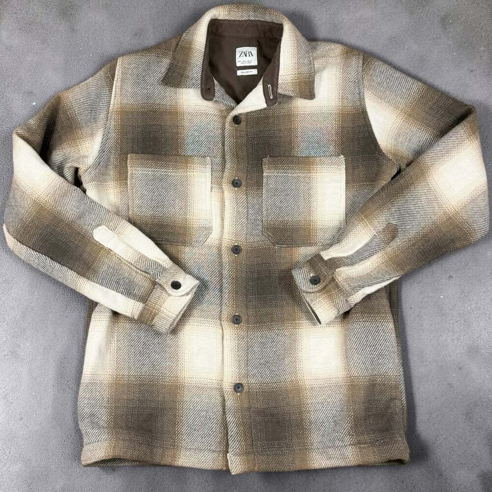 Mens Zara Plaid Flannel Overshirt Size Large Brown Tan Long Sleeve Button Up